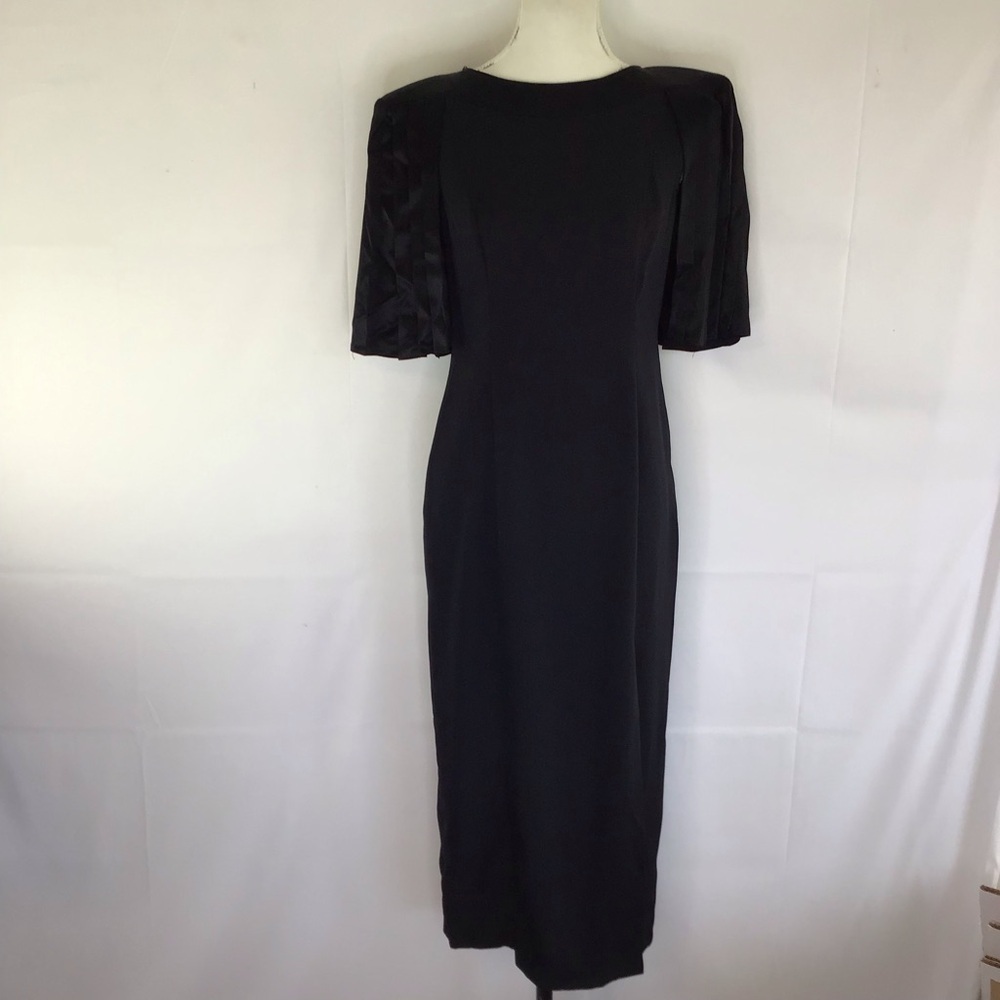 AMANDA TAYLOR WOMEN 50’S VINTAGE DEEP BLACK SCOOP NECK BAT WINGS SHEATH DRESS 6